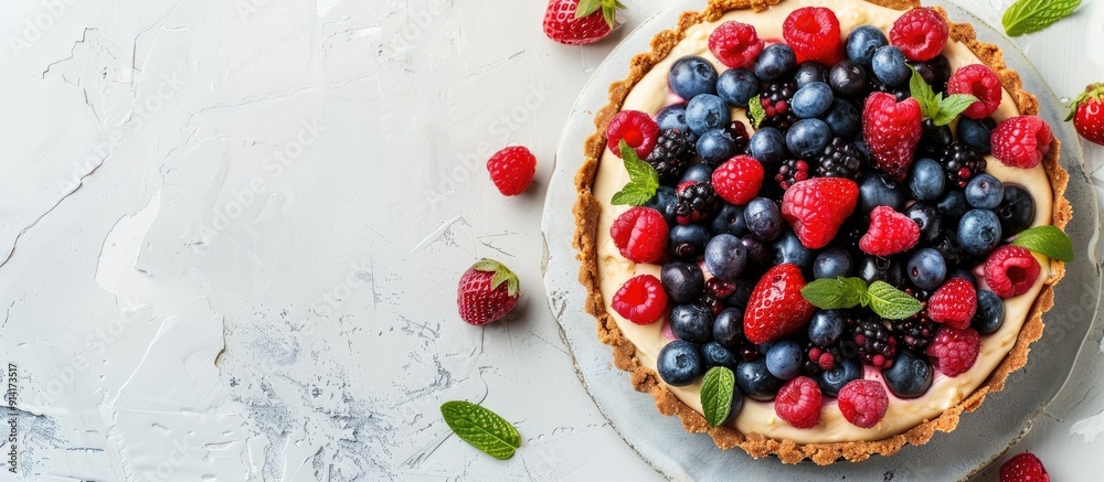 Poster nutritious italian ricotta and berry cheesecake on a clean white backdrop with copy space image for 