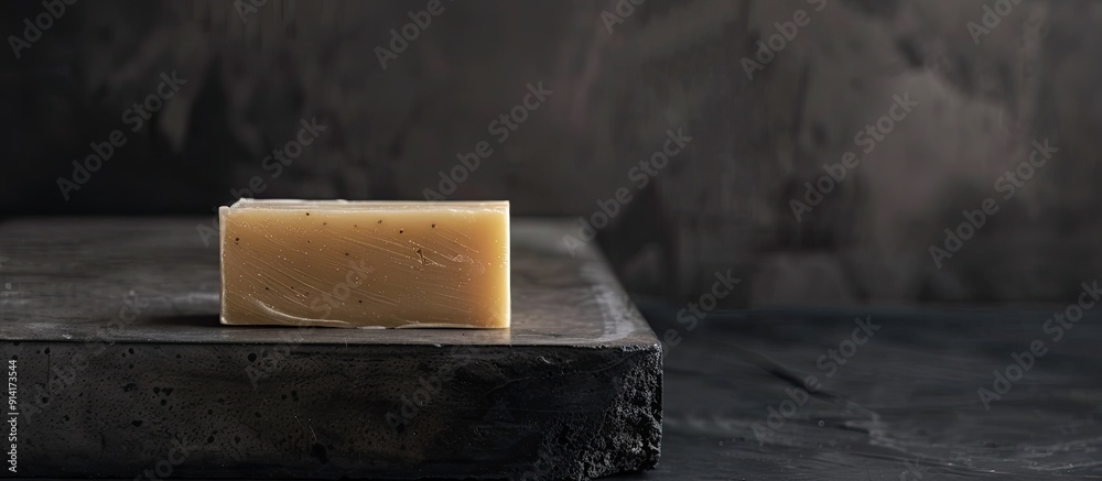 Poster place a handmade soap on a black concrete table for hand hygiene showing a care product with a blank