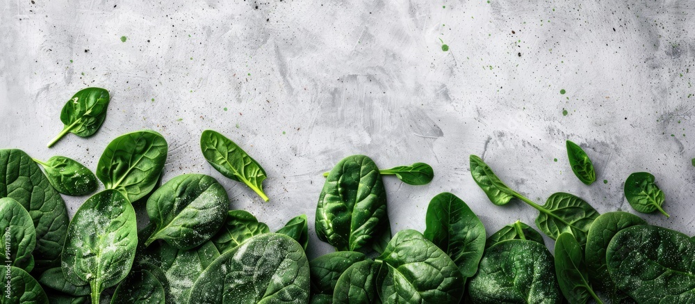 Poster fresh spinach leaves on light gray backdrop perfect for healthy organic meal enthusiasts top down vi