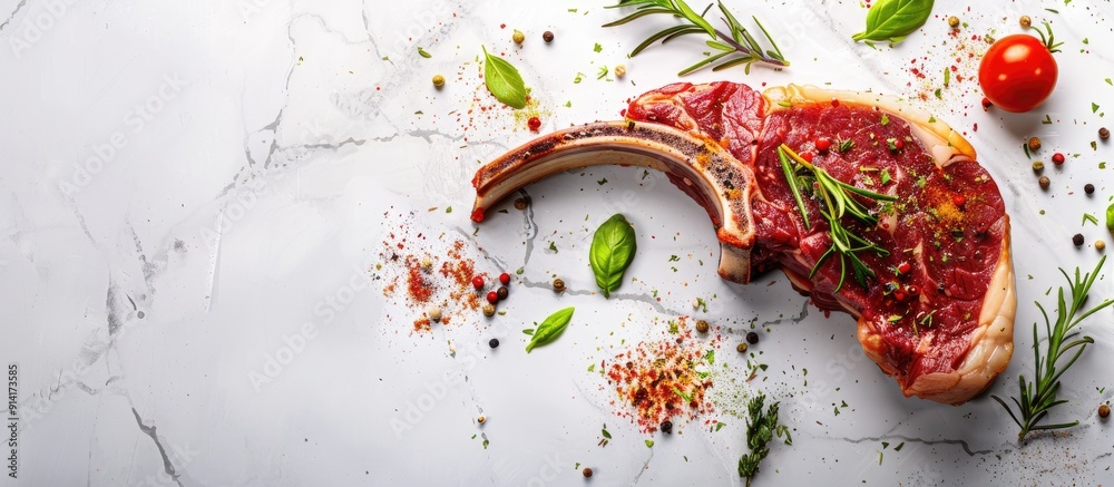 Aufkleber Top view of a raw tomahawk steak with spices and herbs on a white stone background ideal for cooking with the possibility of adding text with a copy space image