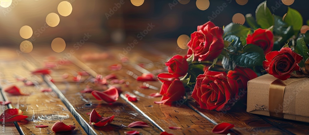 Poster valentine s day themed composition featuring a cluster of red roses a gift box and a wooden board wi