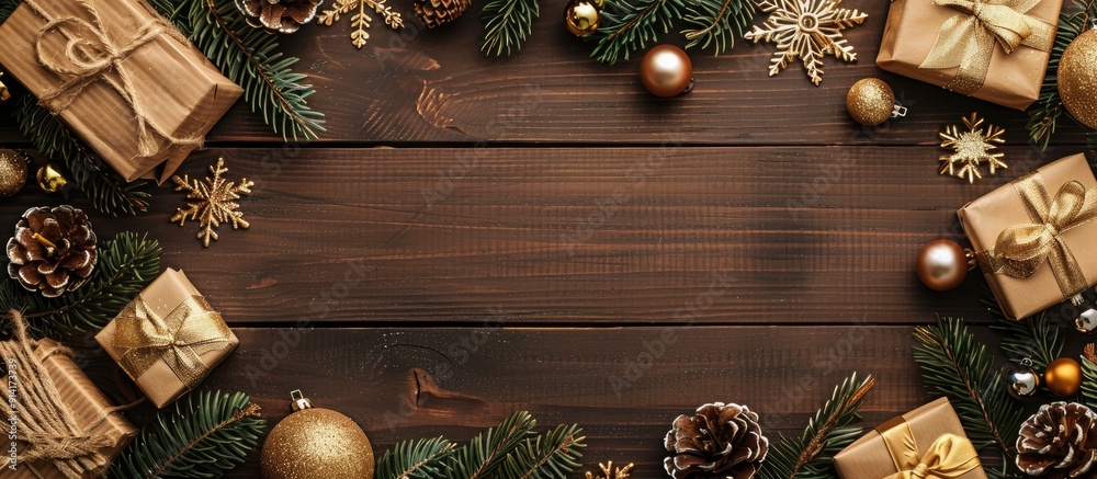 Poster Golden Christmas decorations with presents placed on a wooden surface creating a festive frame Top view of the scene with ample copy space image available
