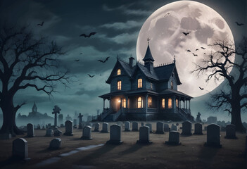Fototapeta premium Mysterious Victorian Mansion in a Moonlit Graveyard with Flying Bats on a Foggy Night