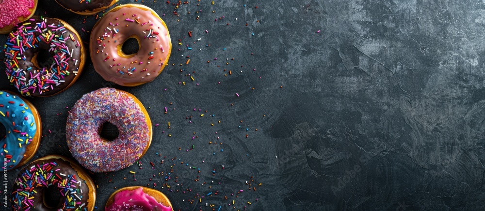 Canvas Prints A variety of vibrant donuts displayed on a stone surface viewed from above with an empty area for text or images. Creative banner. Copyspace image