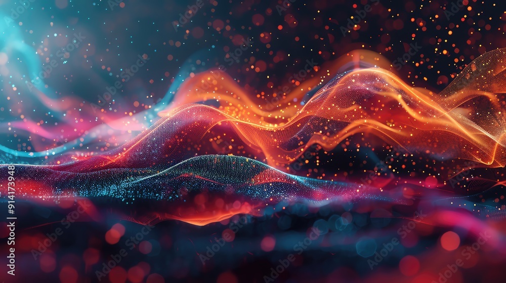 Poster an abstract representation of colorful waves and sparkles, creating a captivating visual experience 