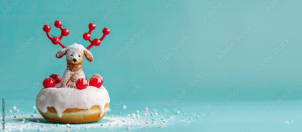 Leinwandbilder reindeer doughnut displayed on a turquoise background with ample copy space image