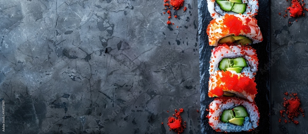 Poster Top view of a Uramaki sushi roll with cucumber avocado shrimp and red tobiko roe with copy space image