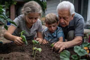 Fototapeta premium This image captures a heartwarming scene of a grandfather involved in a gardening activity with his two young grandchildren, focusing on planting and cultivating plants.