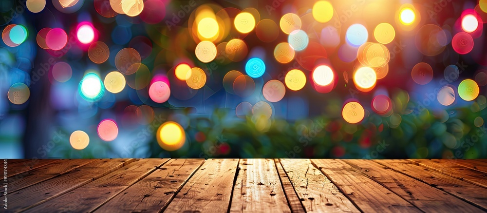 Aufkleber Wooden table with a bokeh background featuring festival themed copy space image