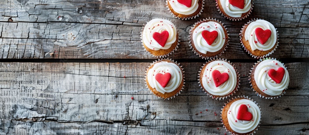 Aufkleber valentine s day themed small cupcakes with red heart decorations arranged on a wooden surface embody