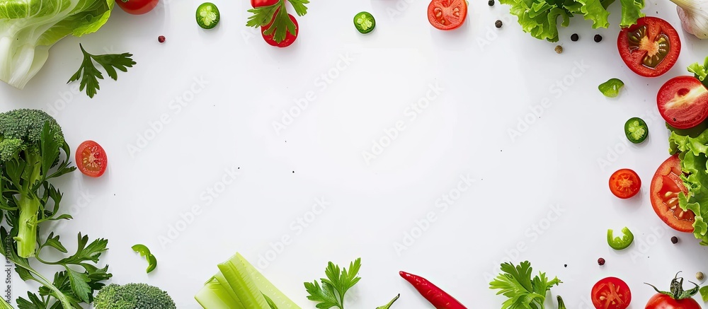 Aufkleber Various fresh vegetables creating a frame on a white background suitable for copy space image