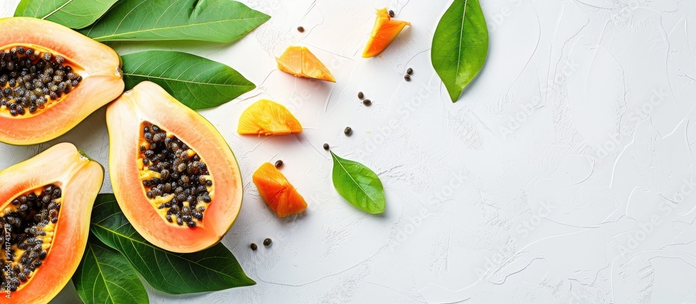 Poster top view of fresh ripe papaya and other fruits on a white background with copy space image