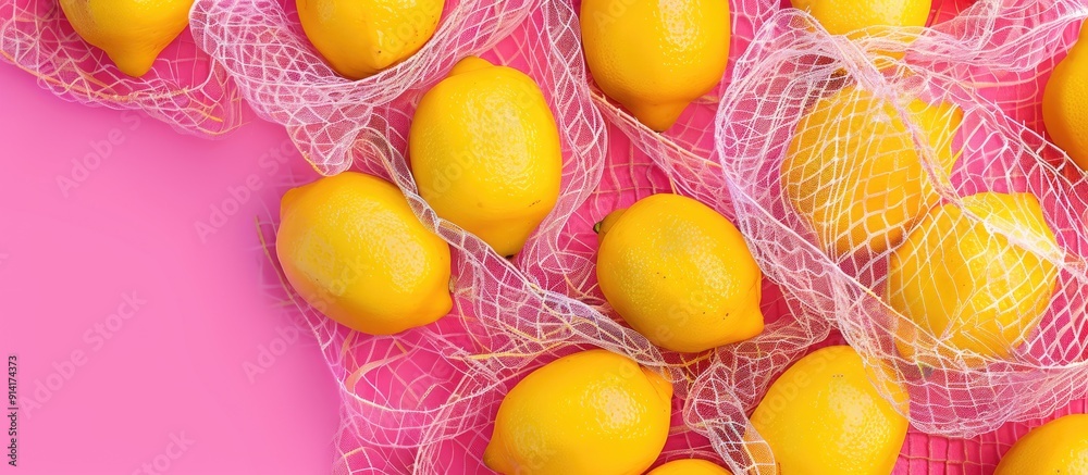 Poster A copy space image featuring lemons in a sustainable net on a pink backdrop symbolizing Earth Day zero waste and recycling