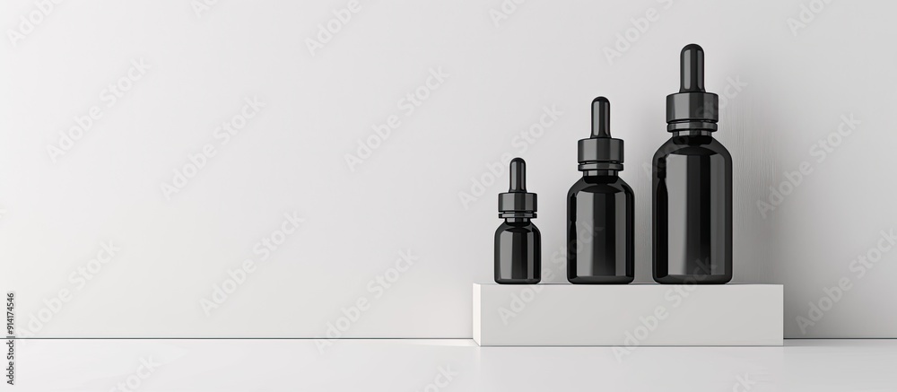 Poster minimalist concept with copy space image featuring dark cosmetic bottles against a light background 