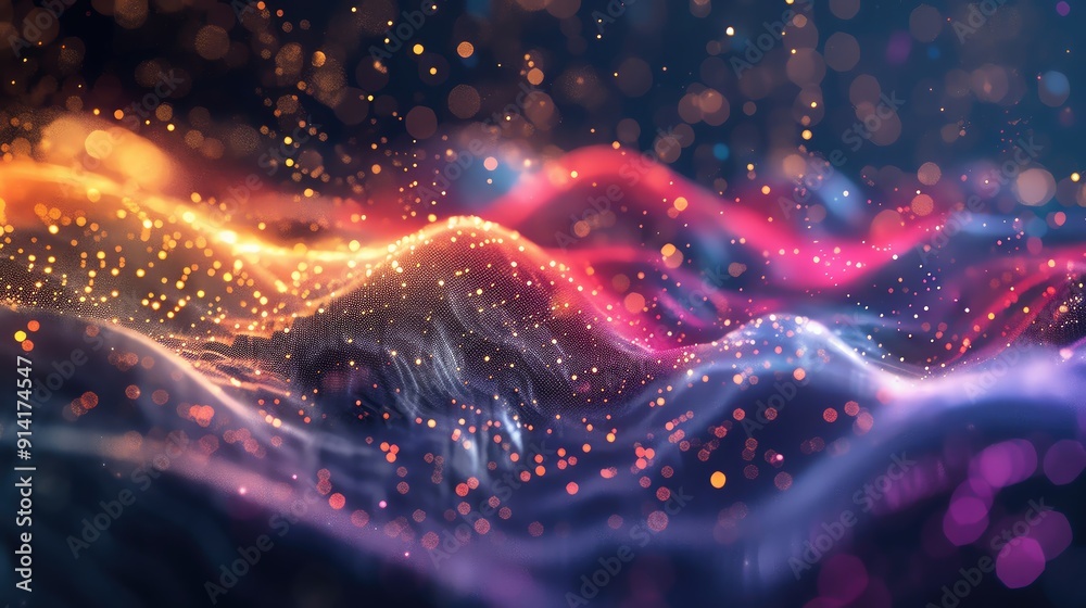 Poster a vibrant abstract design featuring waves of colorful light and sparkles, creating a mesmerizing vis