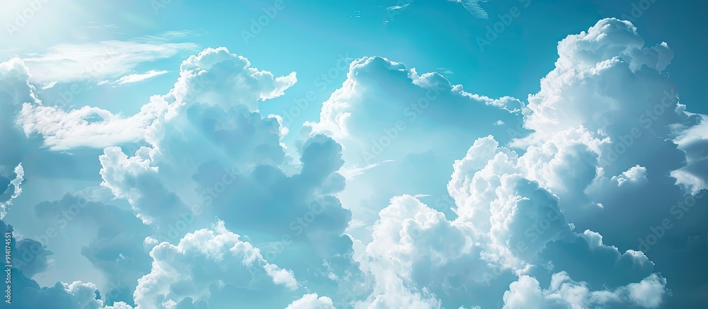 Poster a serene setting featuring a blue sky filled with fluffy clouds offering room for a copy space image