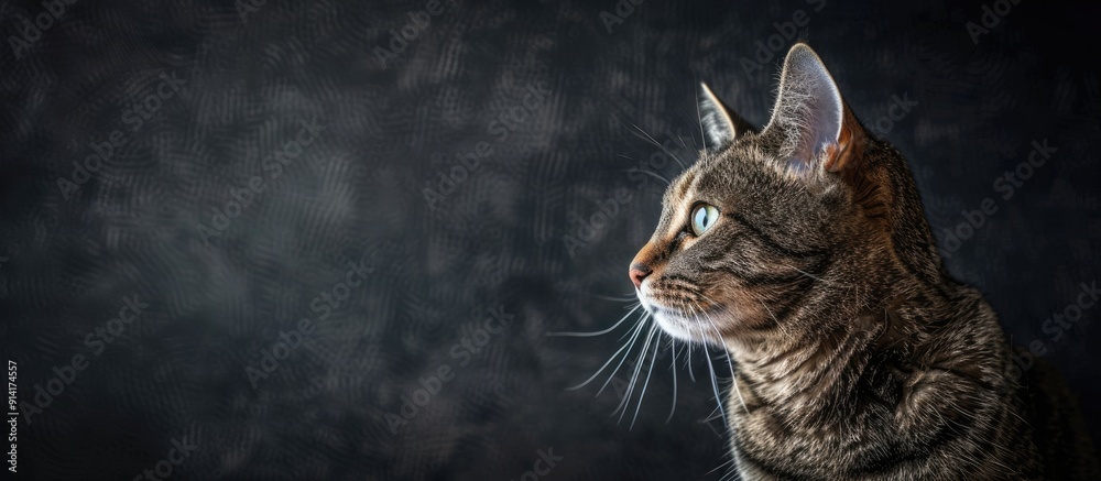 Poster Studio photoshoot of a lone cat against a dark backdrop with copy space image