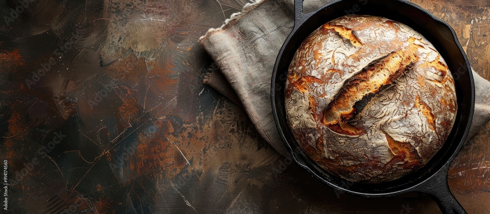 Poster Top down view of sourdough bread in a cast iron pan on a rustic backdrop with ample copy space image