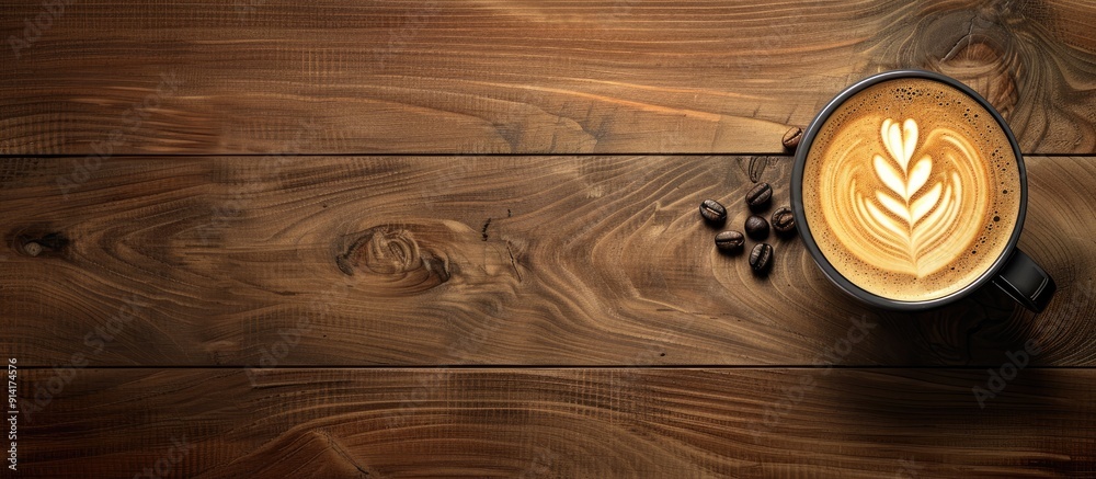 Poster Hot coffee with latte art and a coffee bean on a wooden table creating a visually appealing copy space image