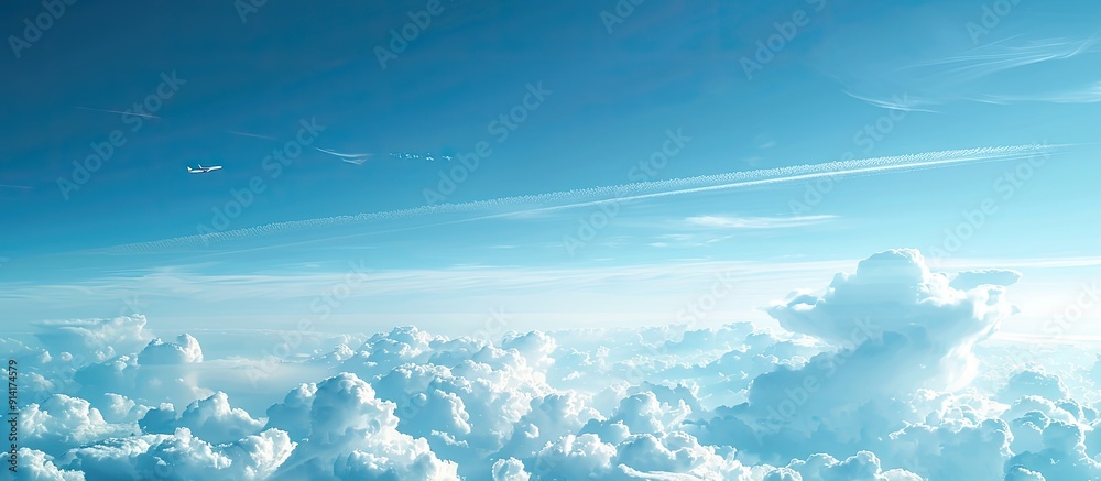 Poster in the backdrop there is a serene blue sky adorned with delicate clouds and a vapour trail perfect f