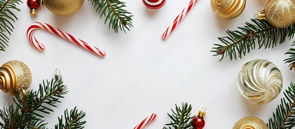 Poster top view of golden christmas ornaments peppermint candy cane and fir branches on a white backdrop wi