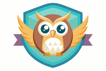 Obraz premium Cartoon Owl with Large Eyes on a Shield with Ribbon
