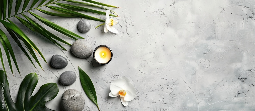 Poster zen like grey stones a candle flower and palm leaves arranged on white stone background for a relaxi