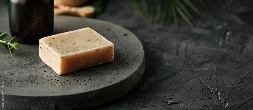 Poster place a handmade soap on a black concrete table for hand hygiene showing a care product with a blank