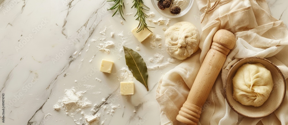Poster Top view of ingredients for making pelmeni ravioli and dumplings including dough rosemary a rolling pin canvas thread butter and a bay leaf on a light background with a toned effect allowing for copy