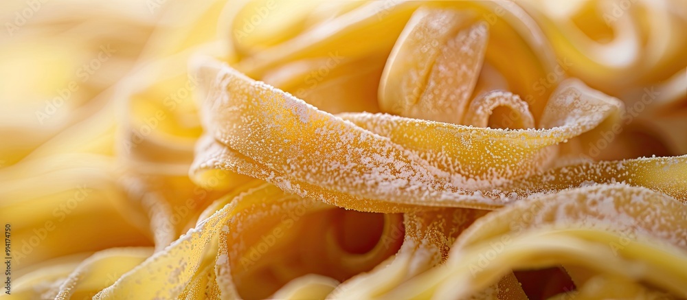 Poster Selective focus on a close up shot of raw trivelle pasta for a background with copy space image available