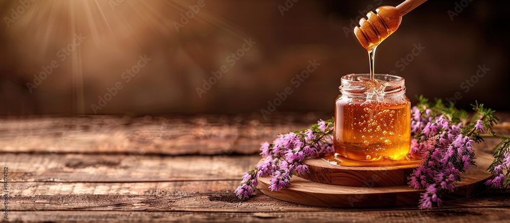 Poster honey being poured into a jar and heather flowers arranged on a wooden table with space for text bes