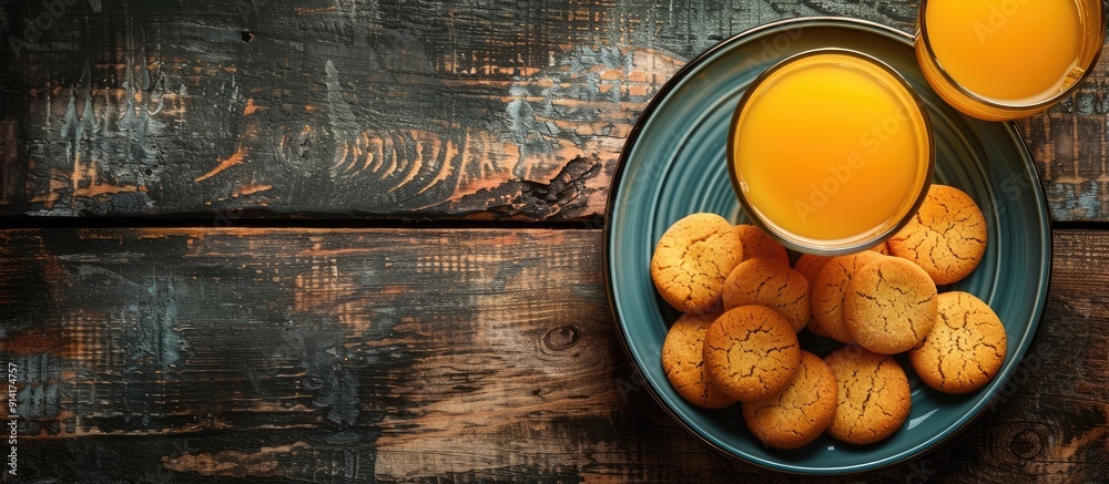 Poster top view of a glass of orange juice and a plate with cookies on a wooden surface against a dark back