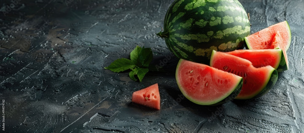 Poster Whole and sliced watermelon on a dark textured surface with an area for text Includes a shallow depth of focus for the image. Creative banner. Copyspace image