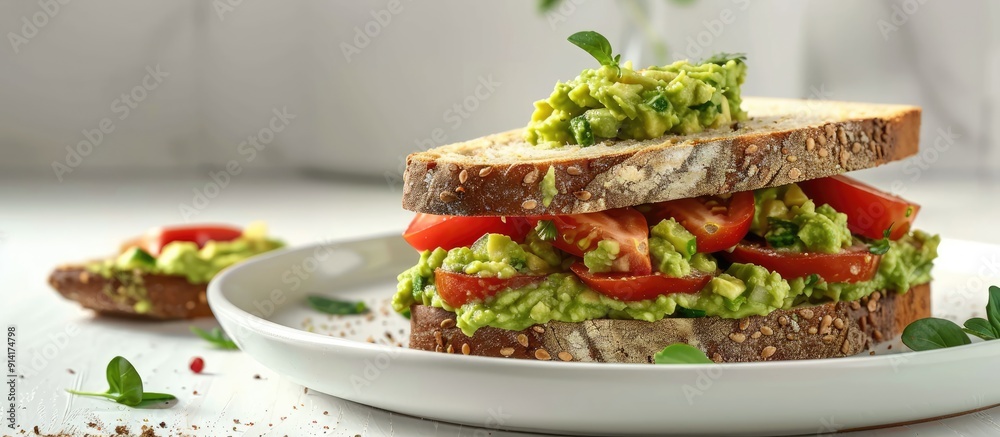 Poster a sandwich with guacamole and heirloom tomato on wheat bread displayed on a white plate against a wh