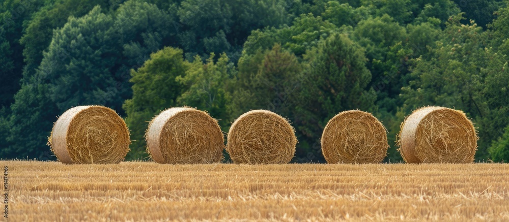 Aufkleber field with six circular straw bales perfect for a copy space image
