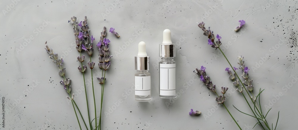 Poster top down view showcasing two unbranded cosmetic serum bottles alongside a fresh lavender bunch on a 