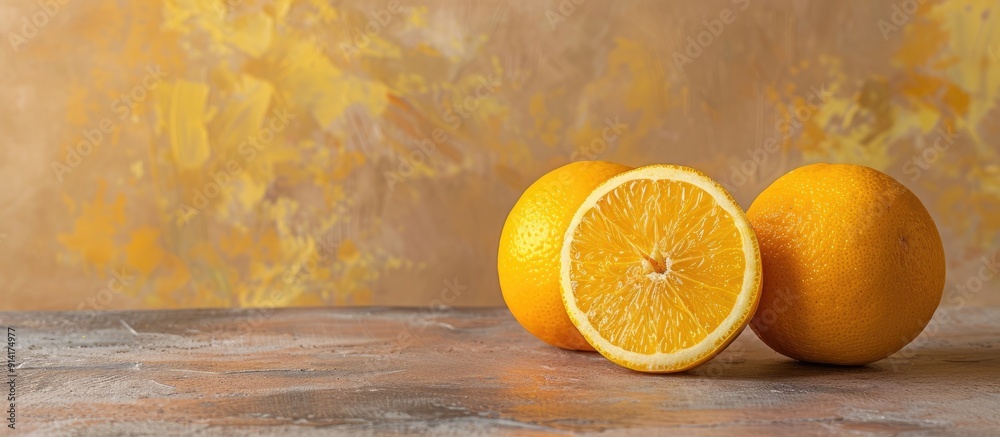 Poster orange citrus fruit on a stone table with a plain orange background providing ample copy space for a