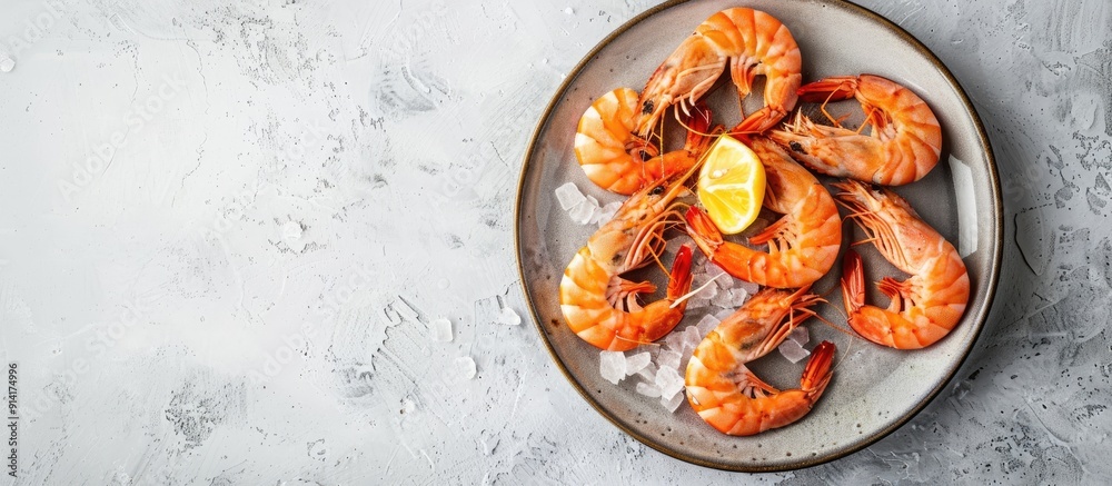 Poster Fresh and healthy shrimp displayed on a plate over a light background in a top view copy space image