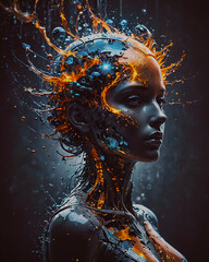 3d rendering of a female robot with futuristic hairstyle and glowing skin