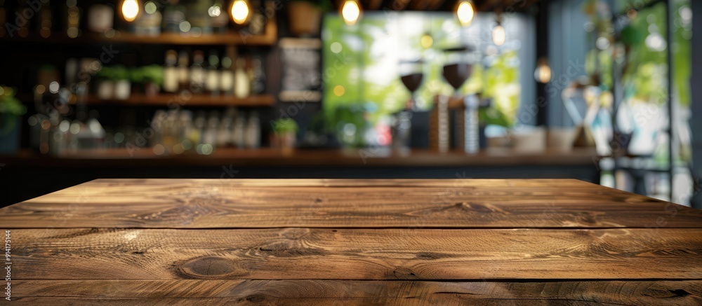 Fototapete a wood table in a cafe or coffee shop background ideal for displaying or montaging items with copy s