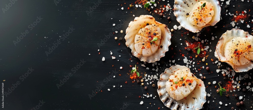 Poster scallops with seasoning seen from above against a black background providing ample space for additio