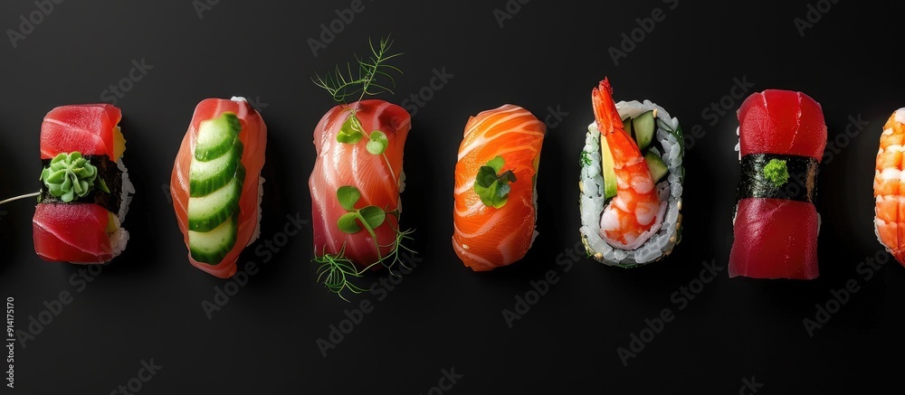 Aufkleber Various Japanese Maki sushi rolls on a stark black background featuring salmon tuna shrimp avocado cucumber and micro greens atop them creating a ready to use banner with text and copy space image