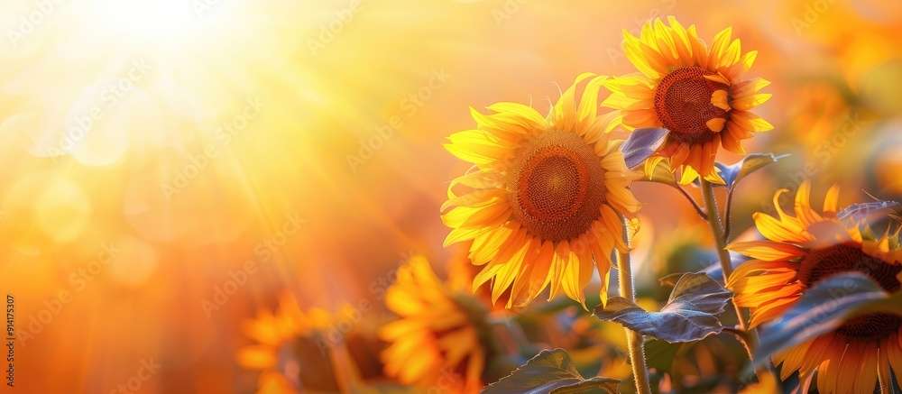 Poster Sunflowers in bloom during sunset with a blank space for adding text or images. Creative banner. Copyspace image