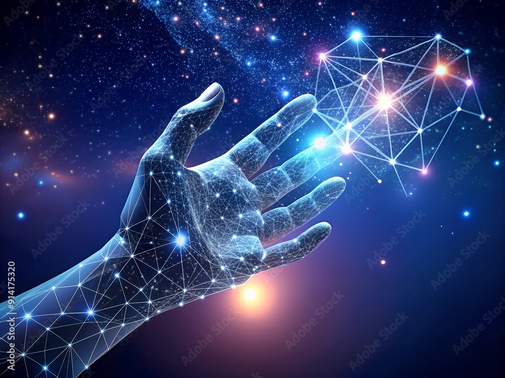 Wall mural wireframe polygonal hand on space background. 3d rendering