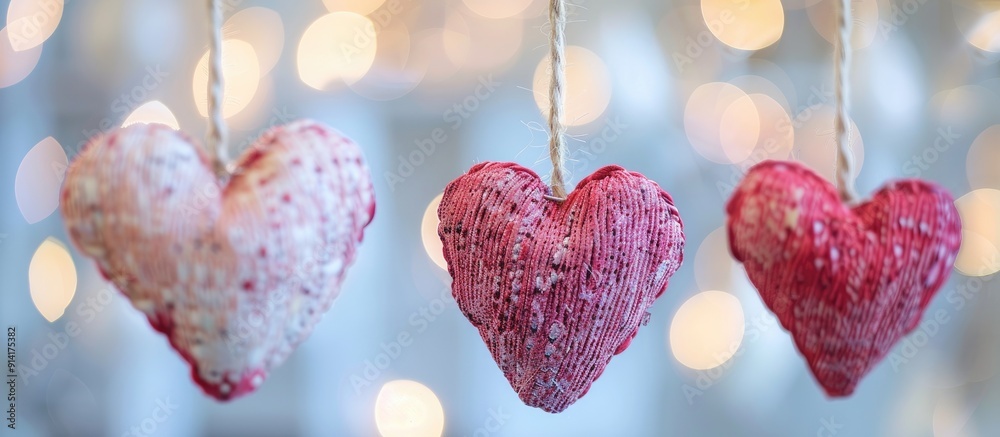 Poster Heart shaped handmade decorations hanging on a string with a blurred background creating a festive Valentine s Day themed copy space image
