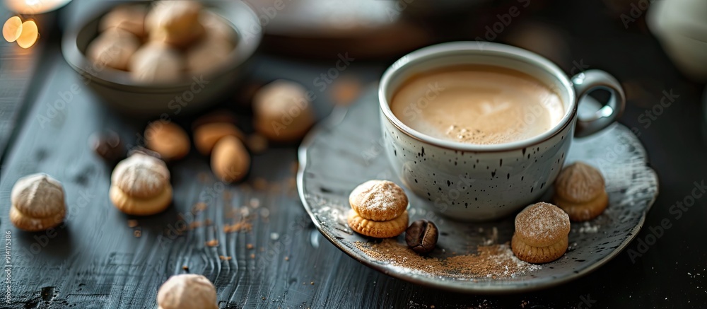 Aufkleber Selective focus on a dark background enhances a visually appealing composition of a cup of fresh coffee accompanied by Amaretti cookies creating an aesthetic copy space image
