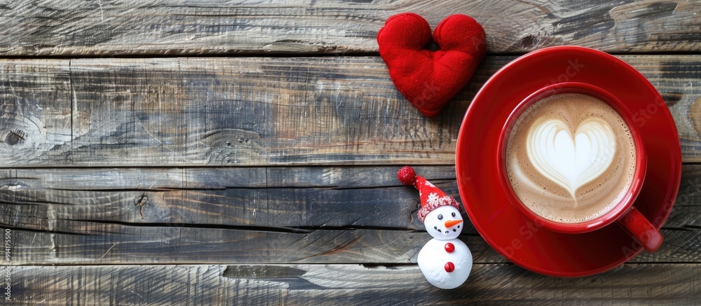 Fototapete Valentine s Day theme captured in flat lay top view image Wooden background features a large red coffee cup and a marshmallow snowman leaving space for text or design. Creative banner. Copyspace image