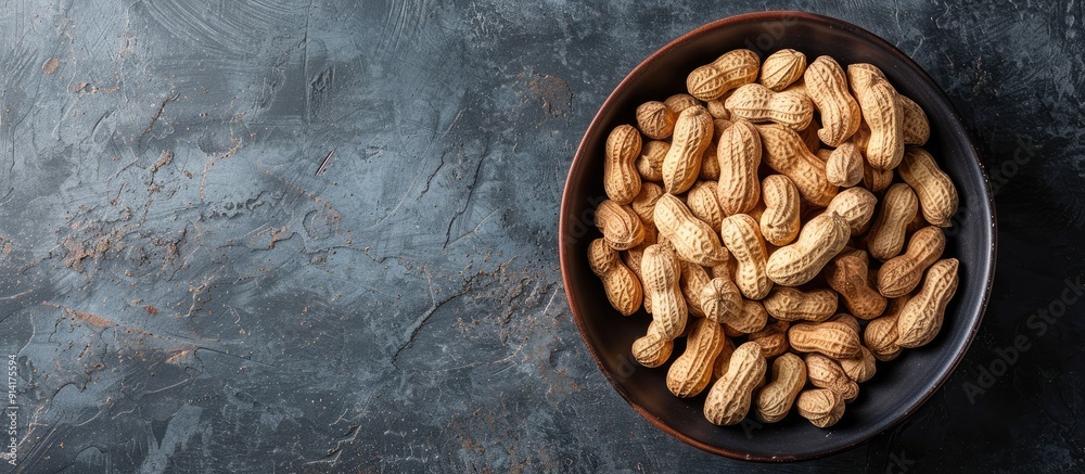 Poster Top view of a plate with fresh peanuts arranged neatly in a bowl with copy space image available