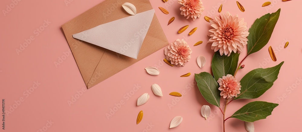 Poster minimalist wedding invitation design featuring leaves on card mockup with chrysanthemums and envelop