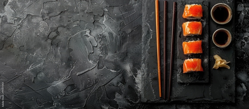 Sticker Top view of Japanese crab meat mousse sushi with soy sauce on a stone board with chopsticks in a close up shot against a black concrete background emphasizing the copy space image